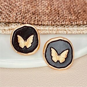 Anthropologie Gold and Black Enamel Butterfly Button Design Stud Earrings